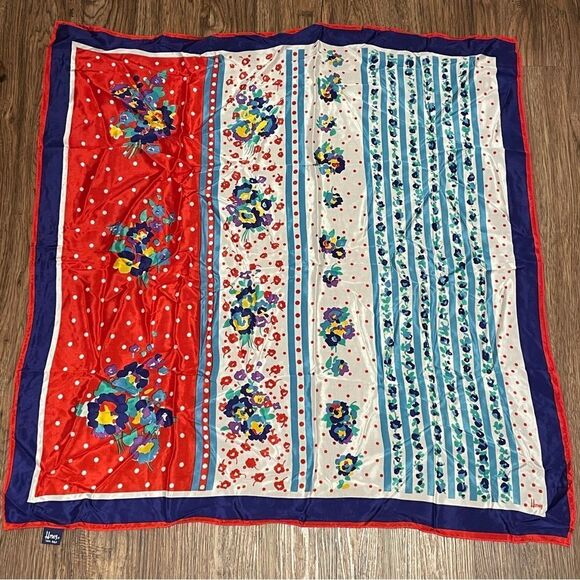Vintage 70’s Honey Silk Scarf Floral and Polkadot red White Blue Yellow Green - Picture 7 of 12